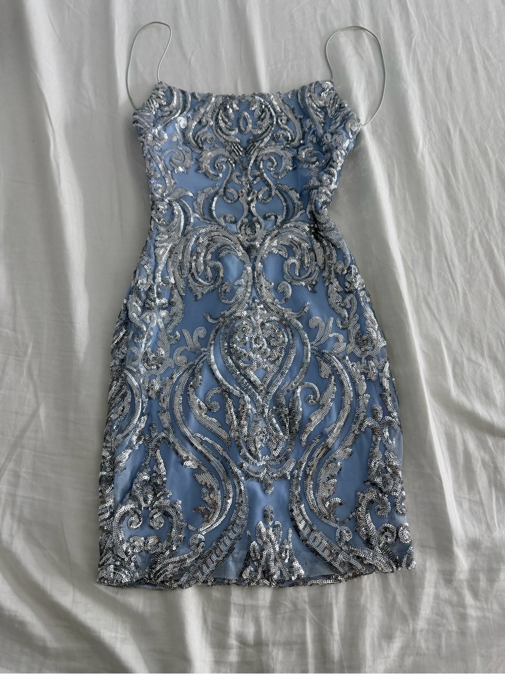 Blue Sequin Embellished Spaghetti Strap Dress